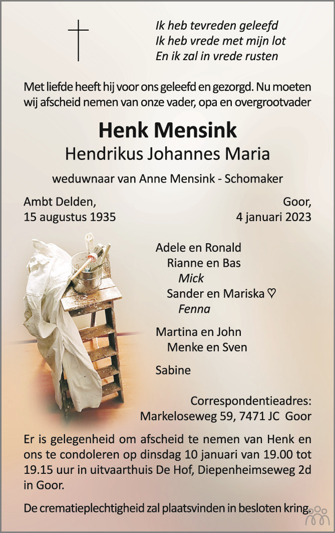 Henk Hendrikus Johannes Maria Mensink Overlijdensbericht En Condoleances