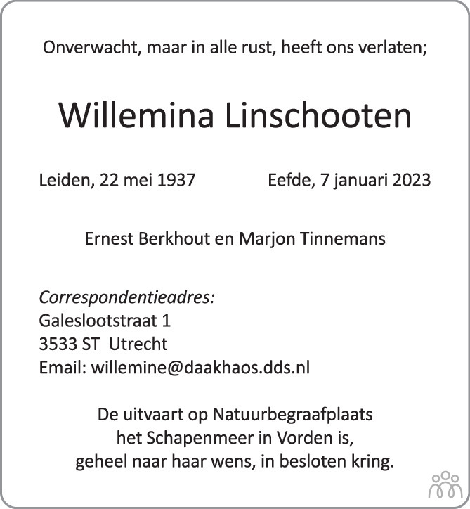 Overlijdensbericht van Willemina Linschooten in de Stentor