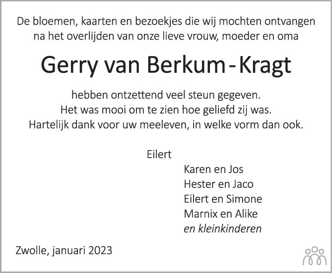 Overlijdensbericht van Gerrigje (Gerry) van Berkum-Kragt in de Stentor