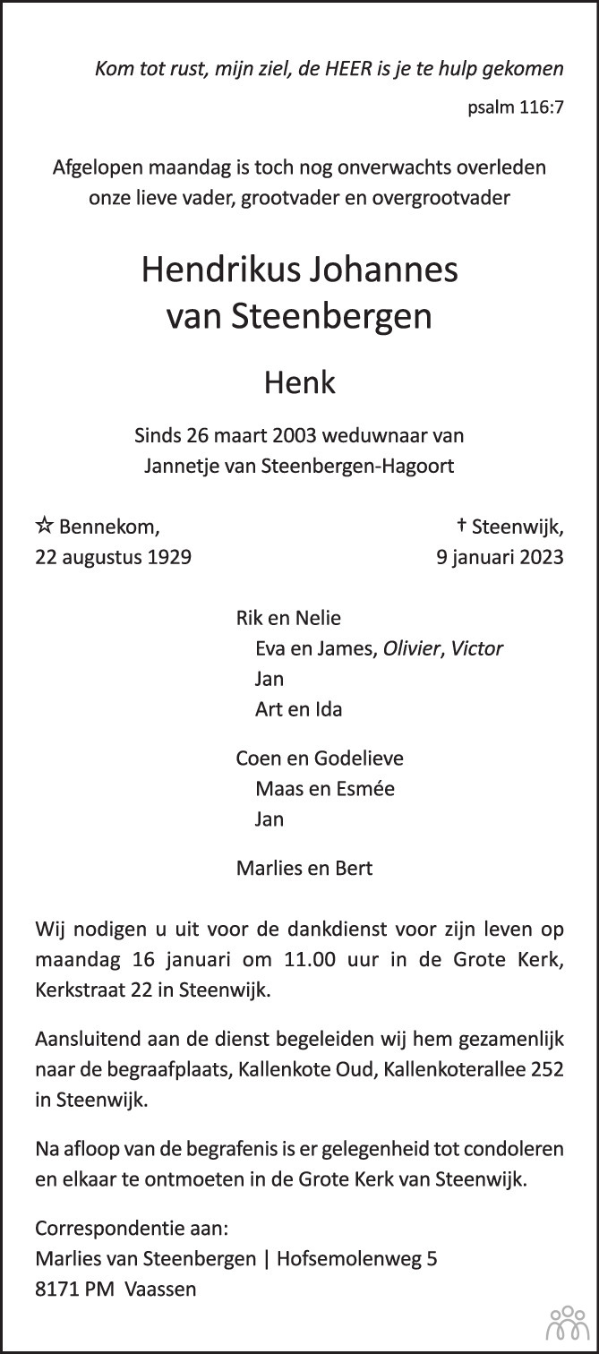 Hendrikus Johannes (Henk) van Steenbergen 09-01-2023 overlijdensbericht ...