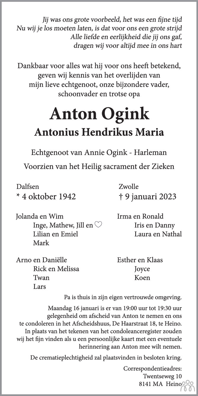 Anton Antonius Hendrikus Maria Ogink 09 01 2023 Overlijdensbericht En