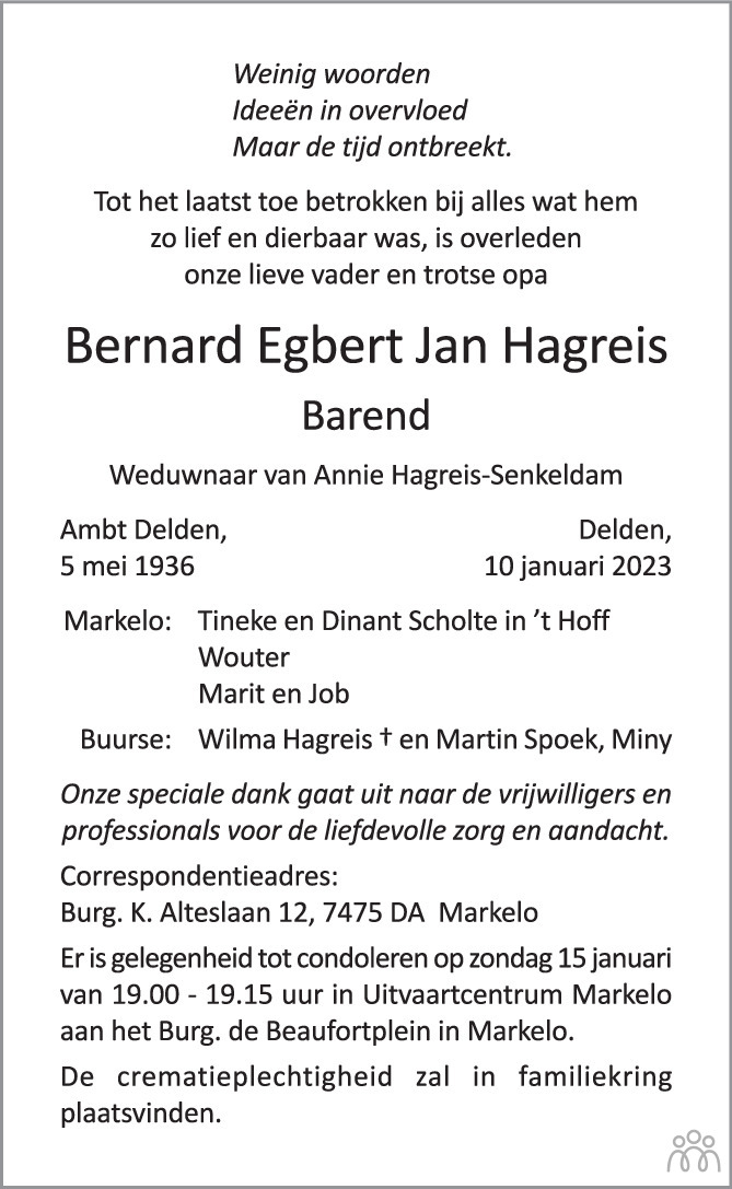 Bernard Egbert Jan (Barend) Hagreis 10012023 overlijdensbericht en