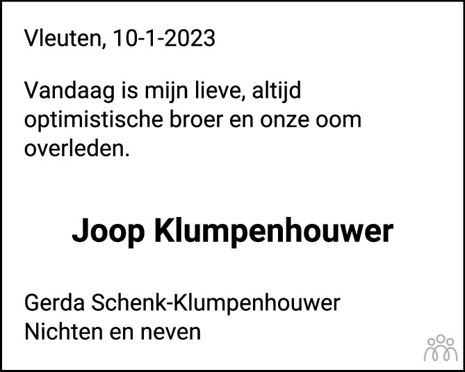 Joop Klumpenhouwer 10012023 overlijdensbericht en condoleances