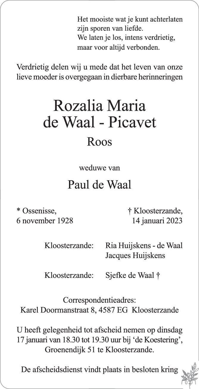 Rozalia Maria (Roos) de Waal-Picavet 14-01-2023 overlijdensbericht en ...