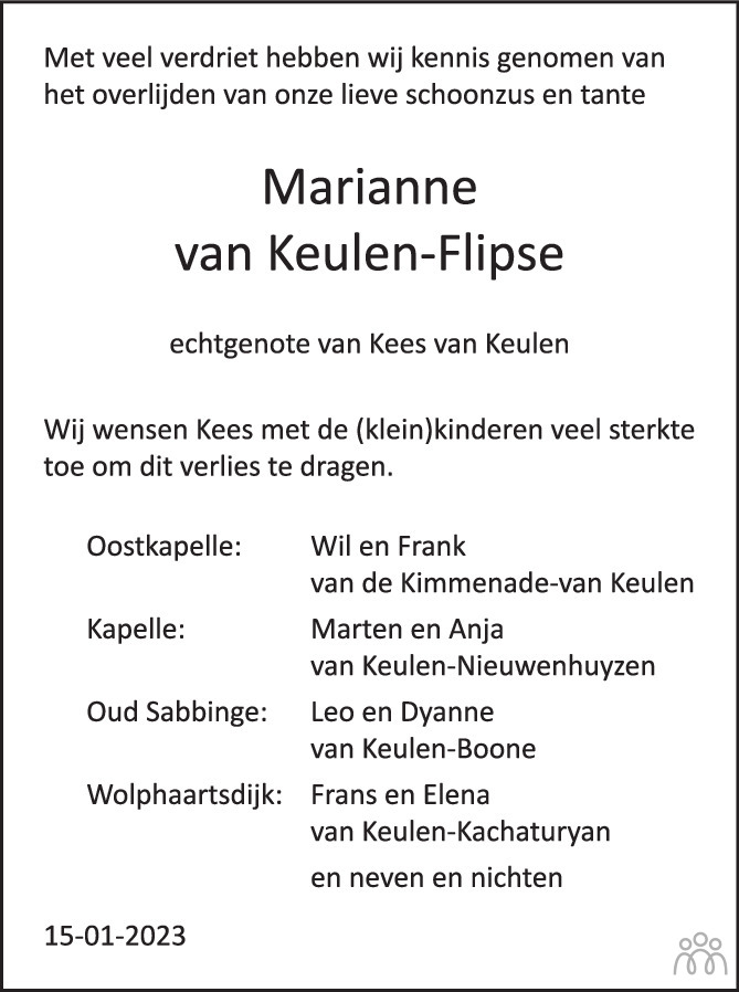 Marianne Van Keulen Flipse 15 01 2023 Overlijdensbericht En