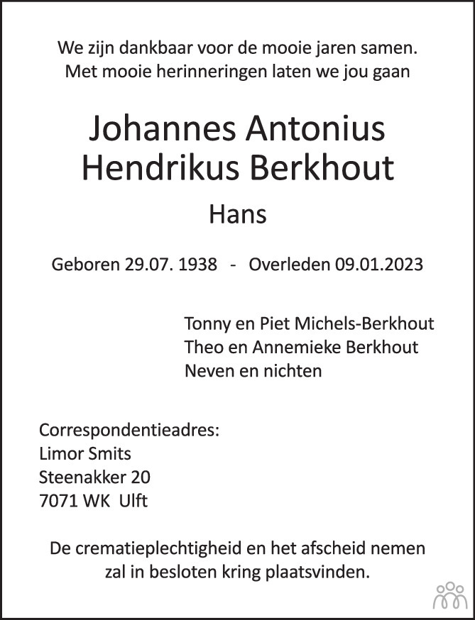 Johannes Antonius Hendrikus Hans Berkhout 09 01 2023 Overlijdensbericht En Condoleances