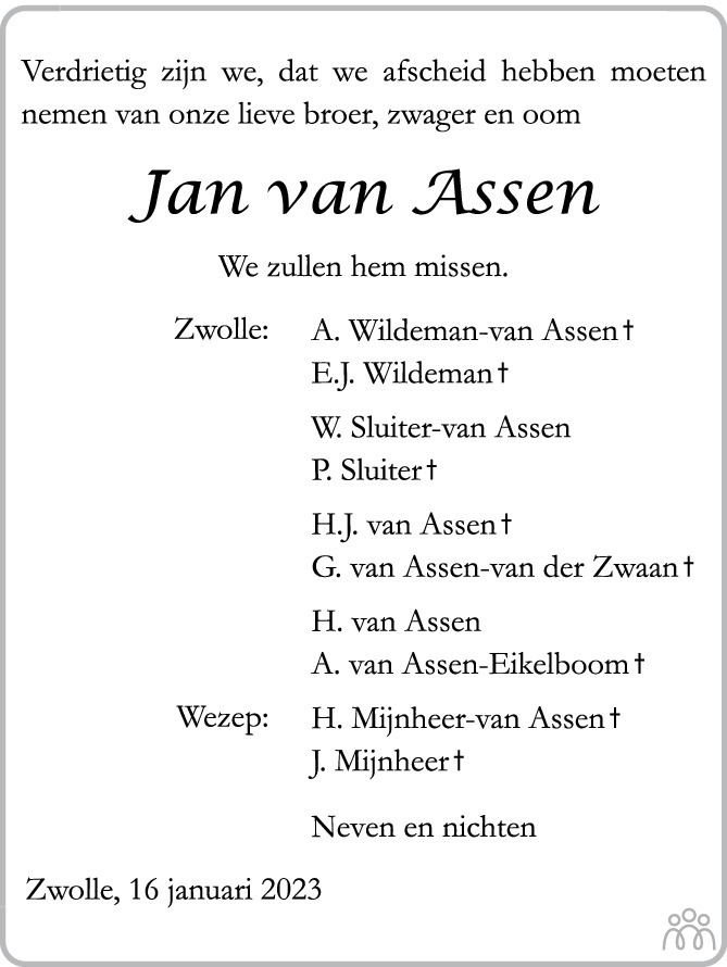 Jan Van Assen Overlijdensbericht En Condoleances Mensenlinq Nl