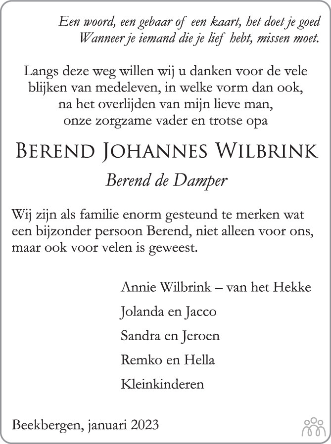 Overlijdensbericht van Berend Johannes Wilbrink in de Stentor