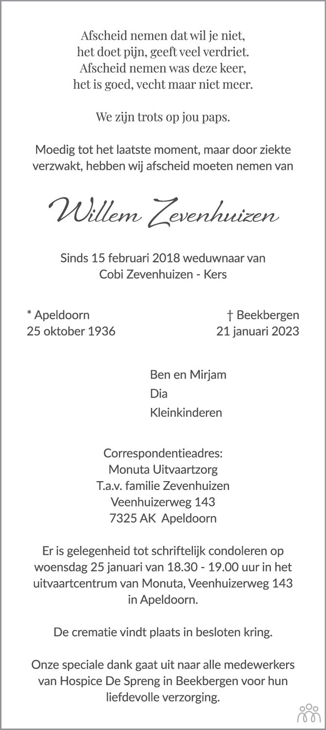 Overlijdensbericht van Willem Zevenhuizen in de Stentor