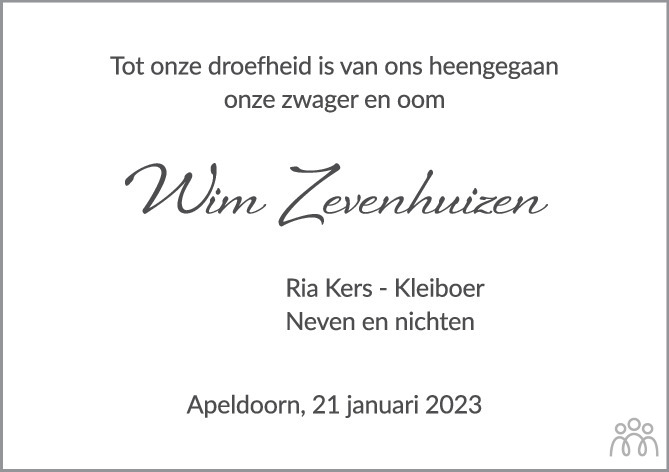Overlijdensbericht van Willem Zevenhuizen in de Stentor