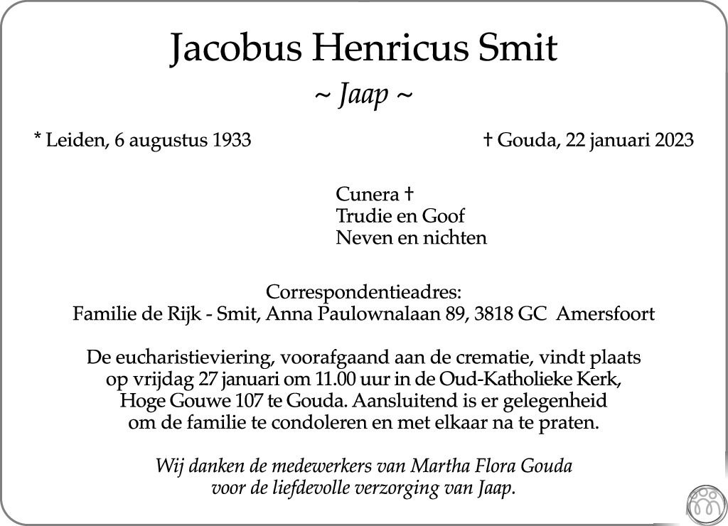 Overlijdensbericht van Jacobus Henricus (Jaap) Smit in Trouw