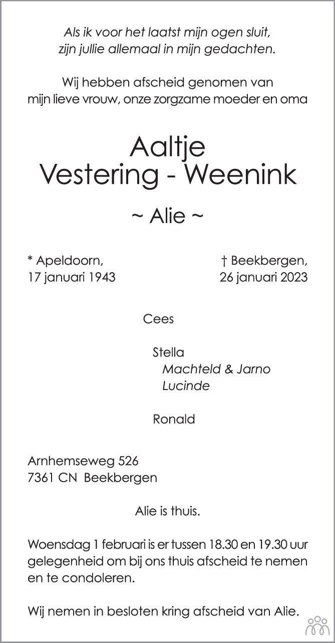 Overlijdensbericht van Aaltje (Alie) Vestering-Weenink in de Stentor
