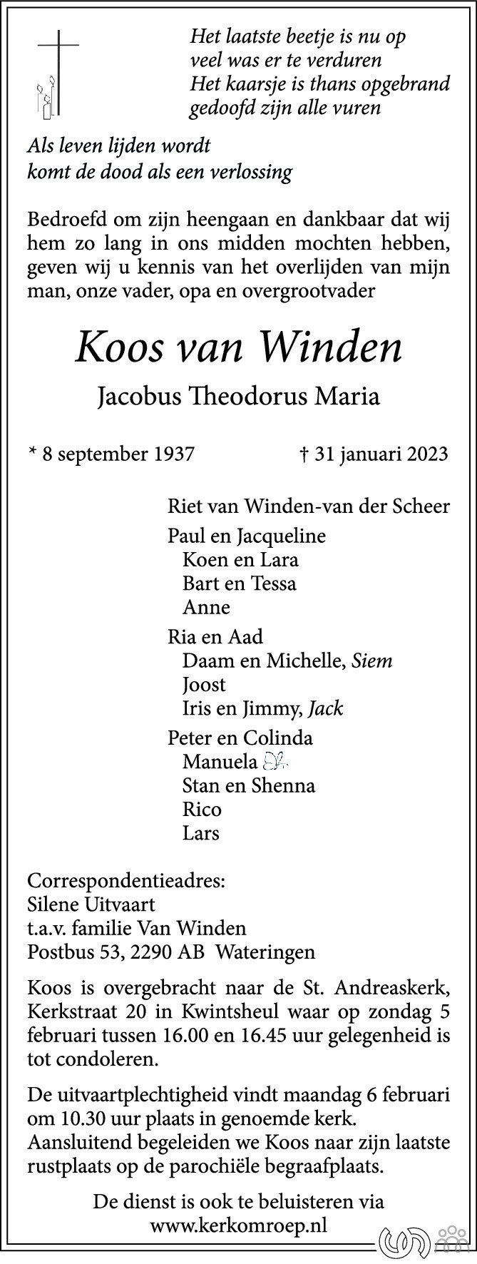 Koos Jacobus Theodorus Maria Van Winden 31 01 2023 Overlijdensbericht