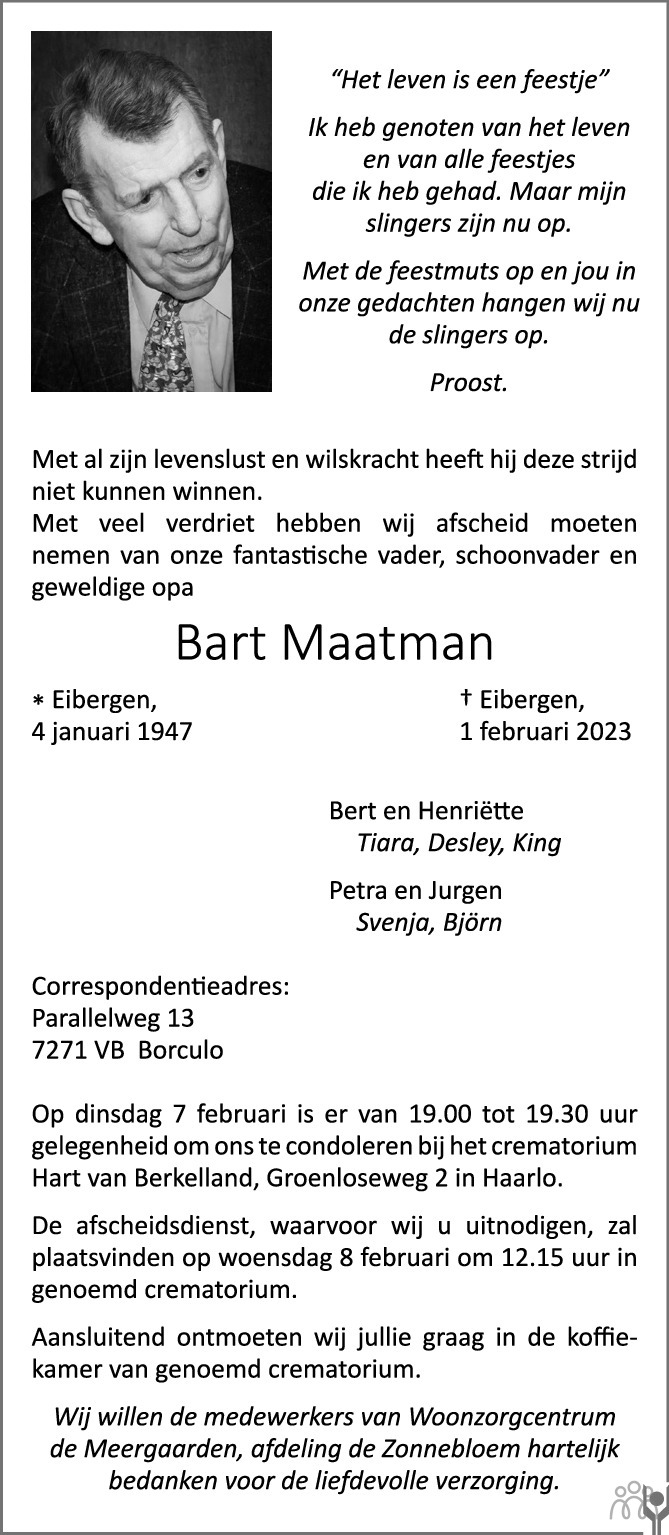 Bart Maatman 01 02 2023 Overlijdensbericht En Condoleances Mensenlinqnl 3471