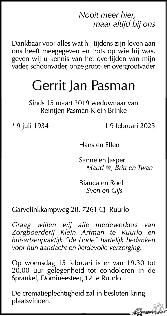 Gerrit Jan Pasman Overlijdensbericht En Condoleances