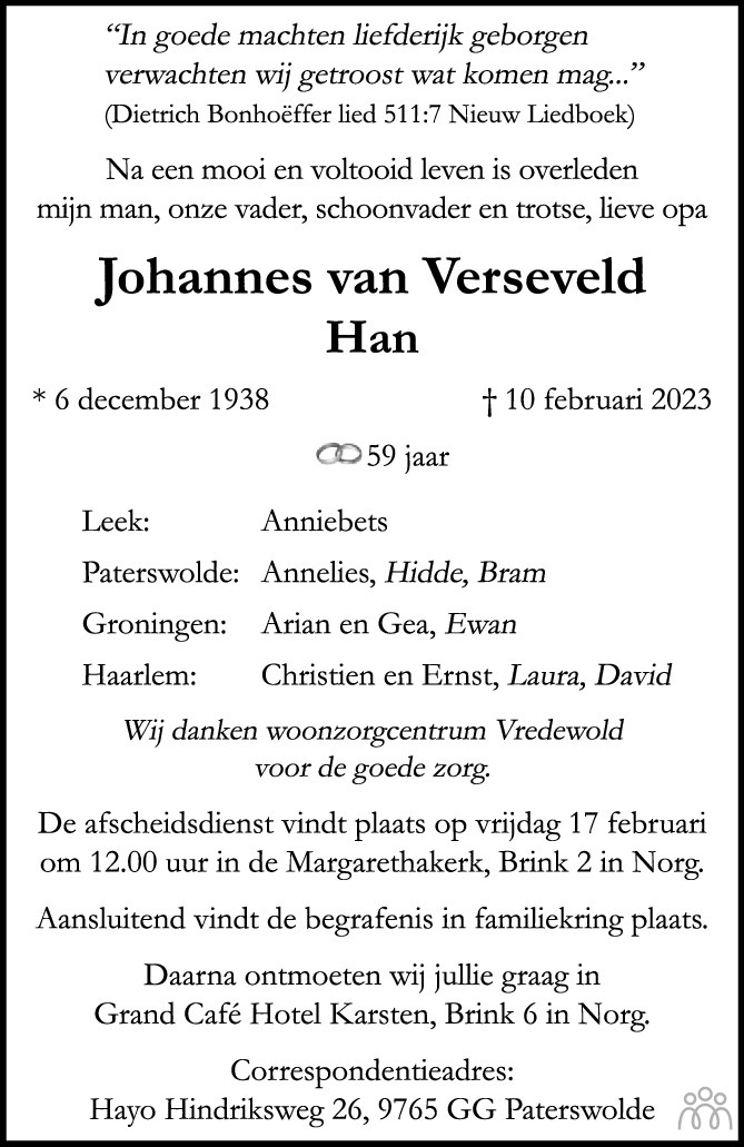 Johannes (Han) van Verseveld 10-02-2023 overlijdensbericht en ...