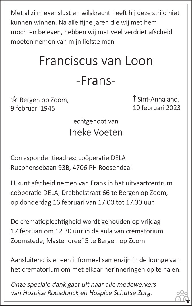 Overlijdensbericht van Franciscus (Frans) van Loon in BN DeStem