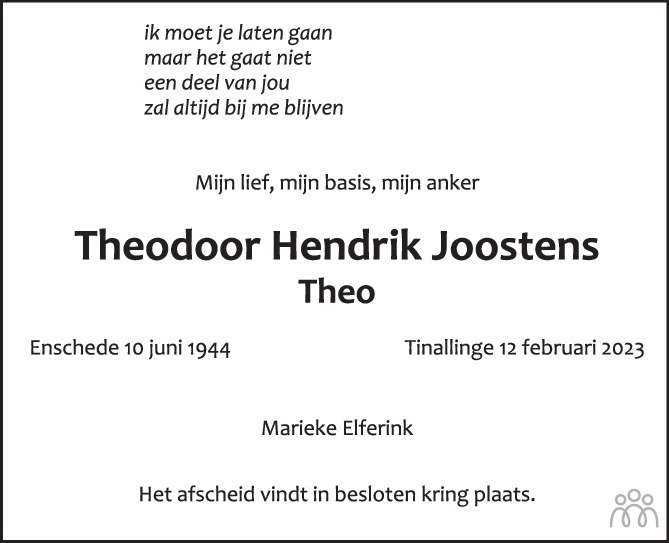 Theodoor Hendrik (Theo) Joostens 12-02-2023 overlijdensbericht en