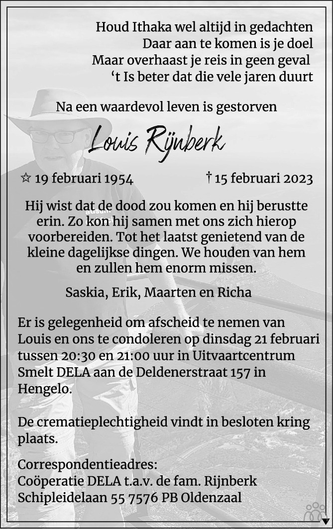 Louis Rijnberk 15-02-2023 Overlijdensbericht En Condoleances ...