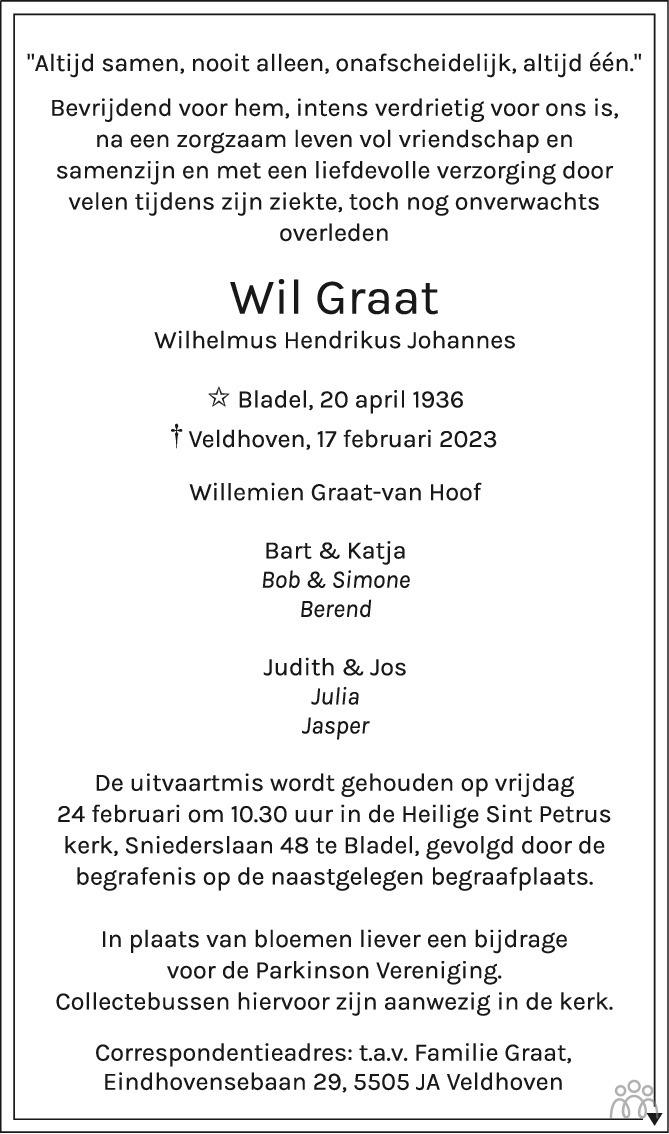 Wil Wilhelmus Hendrikus Johannes Graat 17 02 2023 Overlijdensbericht En Condoleances