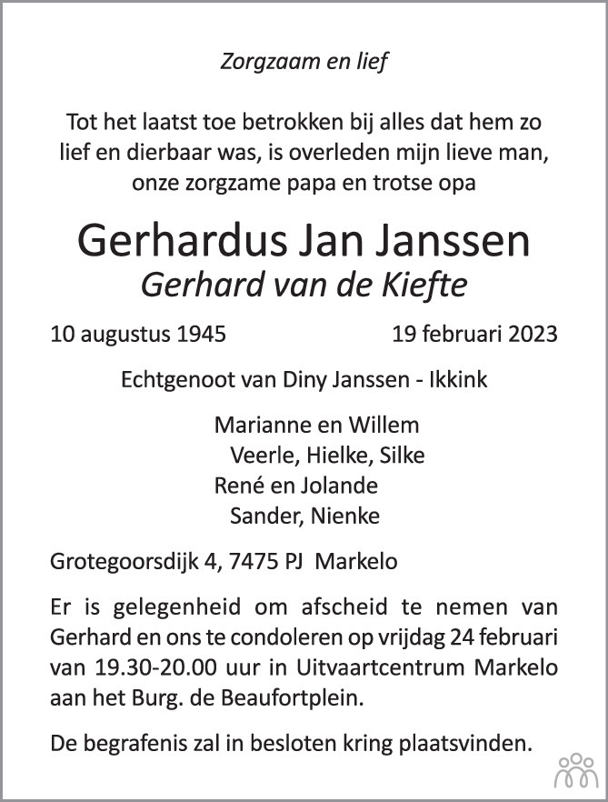 Gerhardus Jan (gerhard Van De Kiefte) Janssen 19-02-2023 