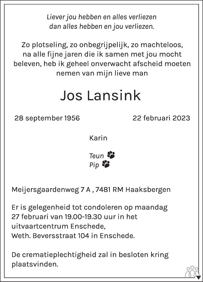 Jos Lansink 22-02-2023 overlijdensbericht en condoleances - Mensenlinq.nl