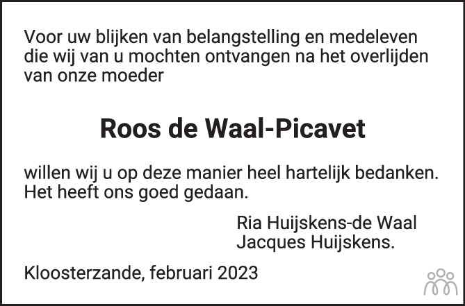 Rozalia Maria (Roos) de Waal-Picavet 14-01-2023 overlijdensbericht en ...
