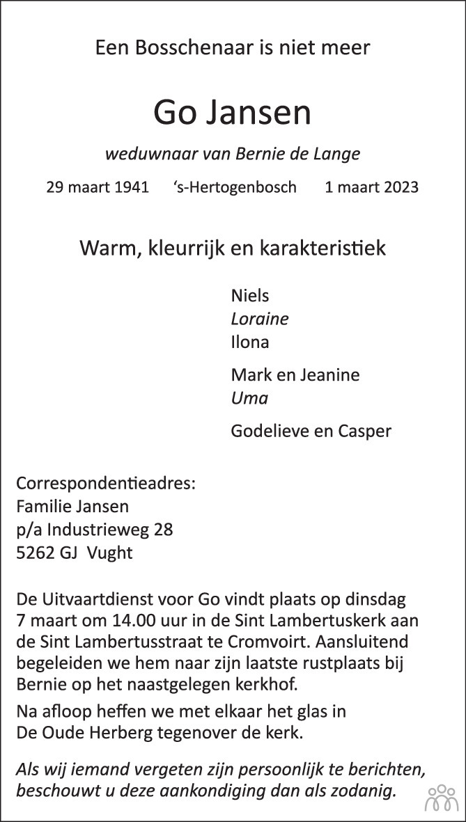 Go Jansen 01-03-2023 overlijdensbericht en condoleances - Mensenlinq.nl