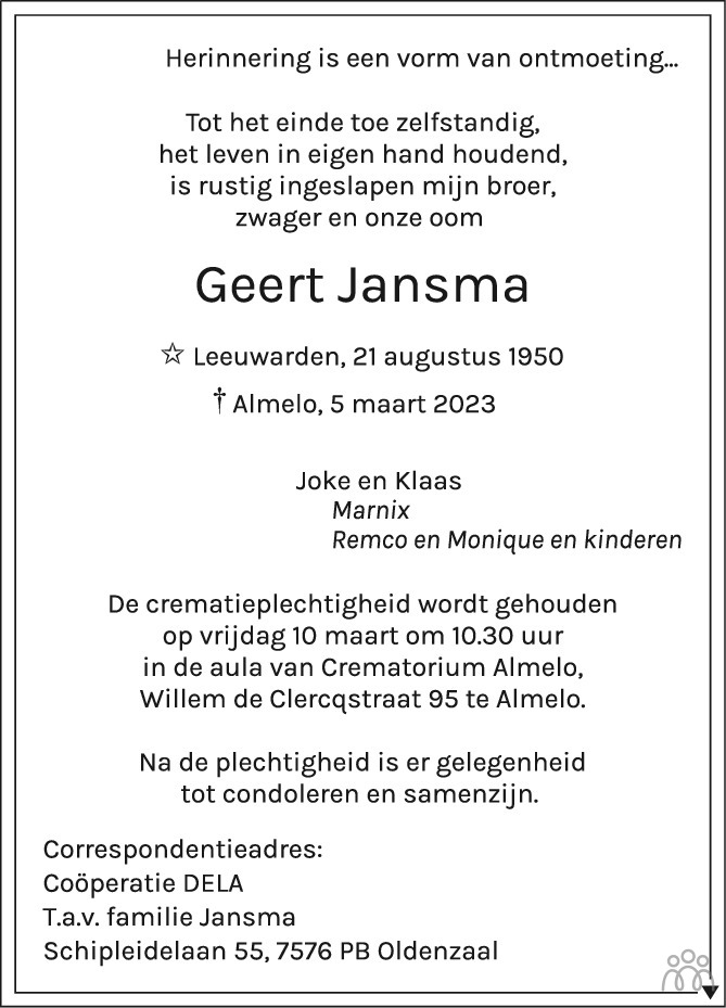 Geert Jansma Overlijdensbericht En Condoleances Mensenlinq Nl