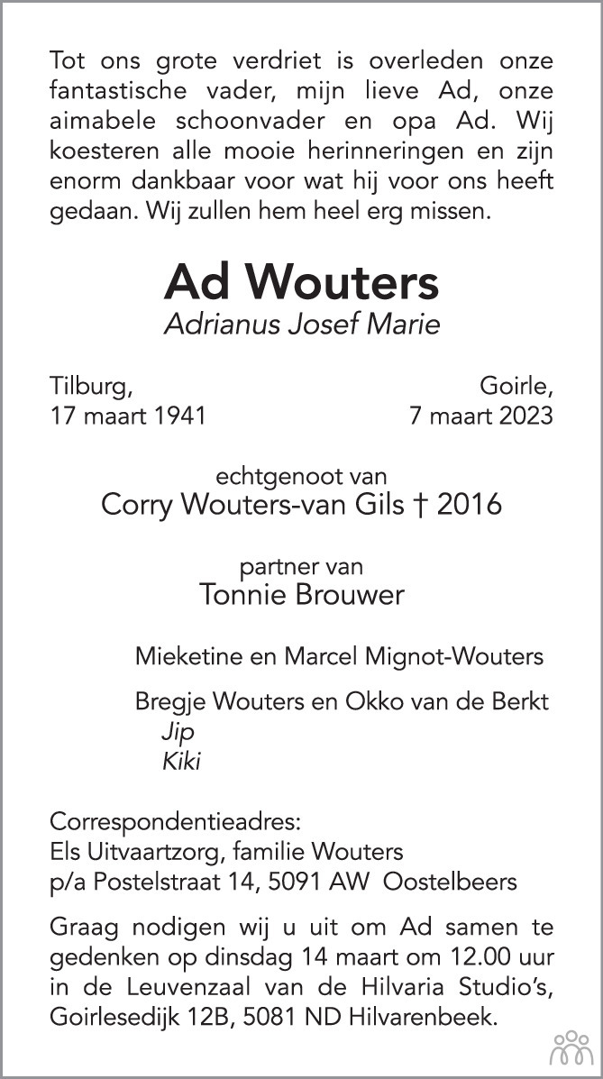 Ad (Adrianus Josef Marie) Wouters 07-03-2023 overlijdensbericht en ...