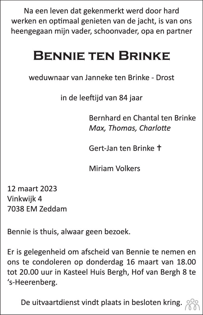 Bennie Ten Brinke 12 03 2023 Overlijdensbericht En Condoleances