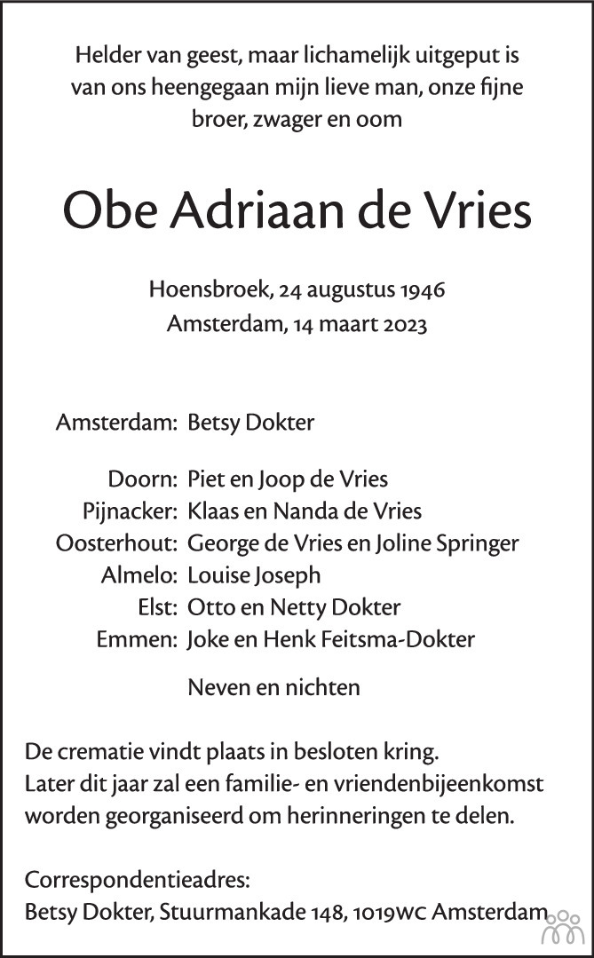 Obe Adriaan De Vries Overlijdensbericht En Condoleances Mensenlinq Nl