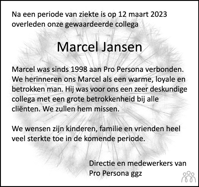 Marcel Jansen 12-03-2023 Overlijdensbericht En Condoleances - Mensenlinq.nl