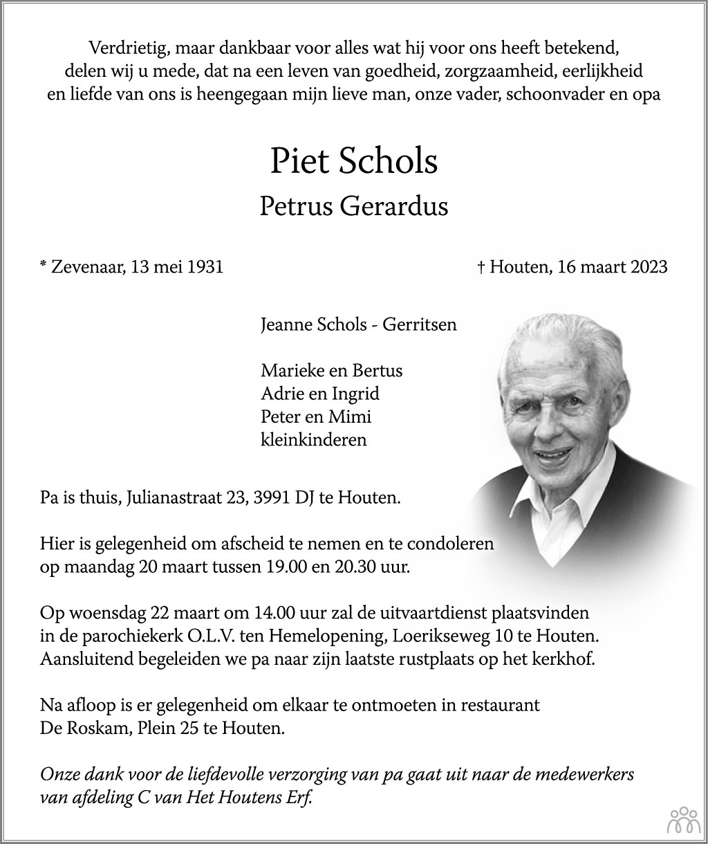Overlijdensbericht van Piet (Petrus Gerardus) Schols in AD Algemeen Dagblad