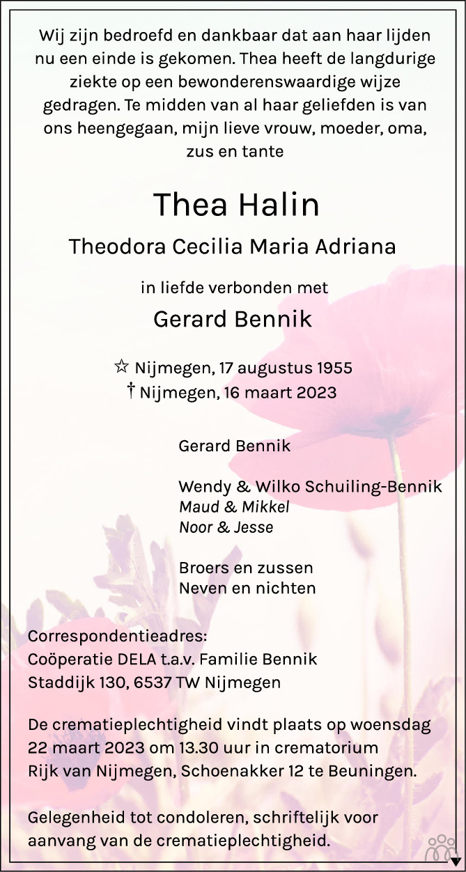 Overlijdensbericht van Thea (Theodora Cecilia Maria Adriana) Halin in de Gelderlander