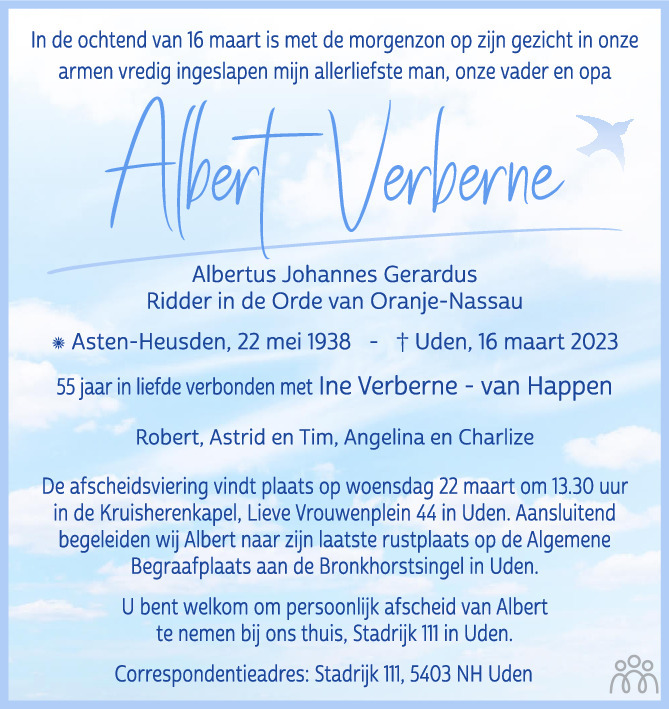 Overlijdensbericht van Albert (Albertus Johannes Gerardus) Verberne in Brabants Dagblad