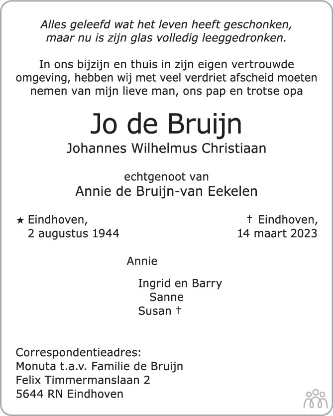 Jo Johannes Wilhelmus Christiaan De Bruijn 14 03 2023 Overlijdensbericht En Condoleances