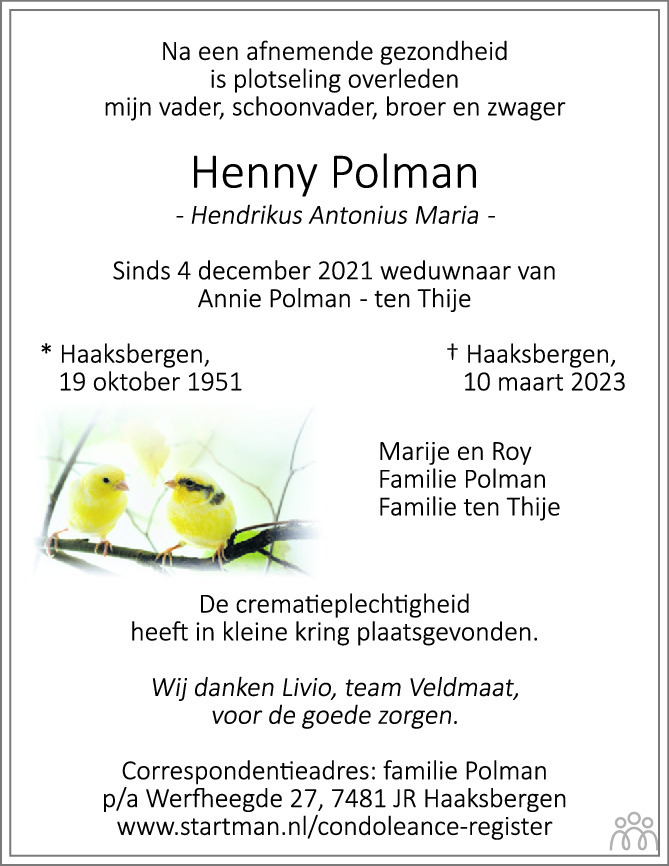 Henny Hendrikus Antonius Maria Polman Overlijdensbericht En Condoleances