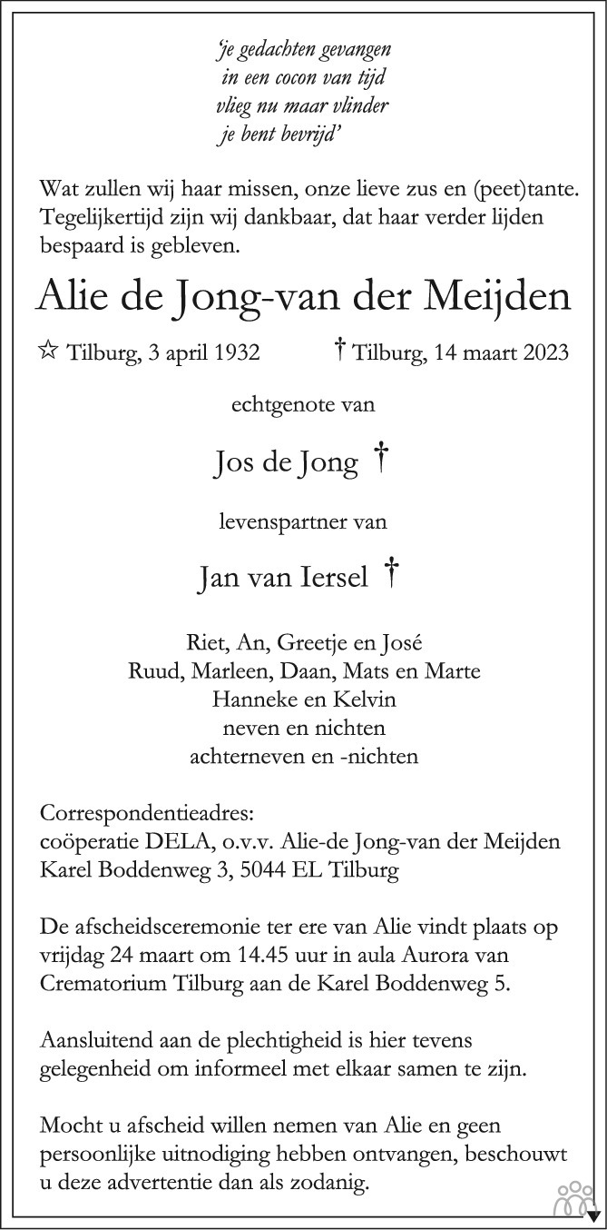 Ds J Van Der Meijden Alie de Jong-van der Meijden 14-03-2023 overlijdensbericht en