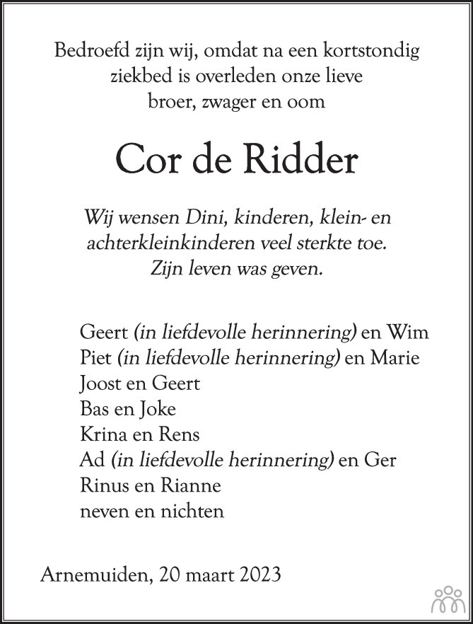 Cornelis (Cor) de Ridder 20032023 overlijdensbericht en condoleances