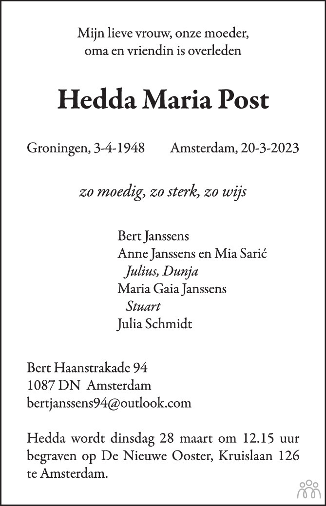 Hedda Maria Post 20-03-2023 overlijdensbericht en condoleances ...
