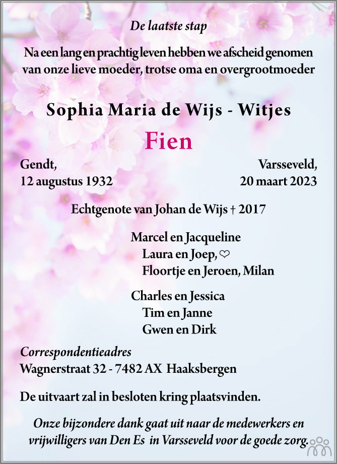 Sophia Maria (Fien) de WijsWitjes 20032023 overlijdensbericht en