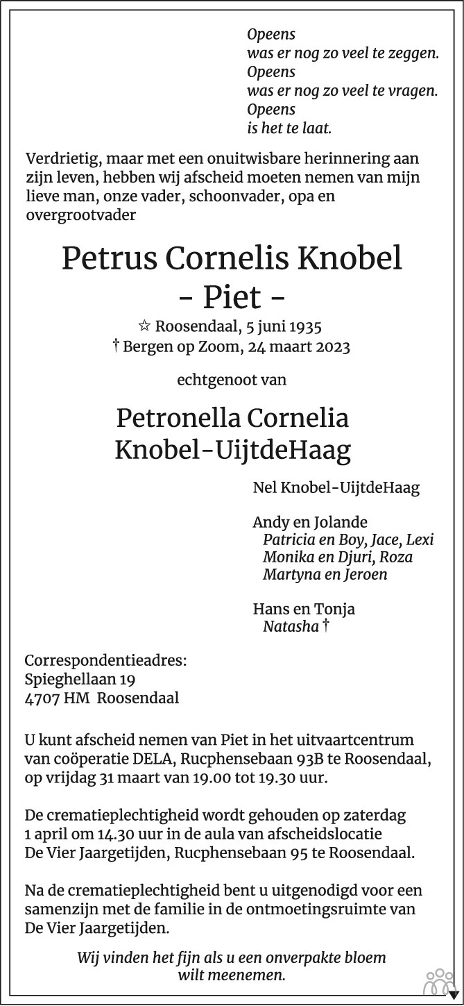 Petrus Cornelis (Piet) Knobel 24-03-2023 Overlijdensbericht En ...