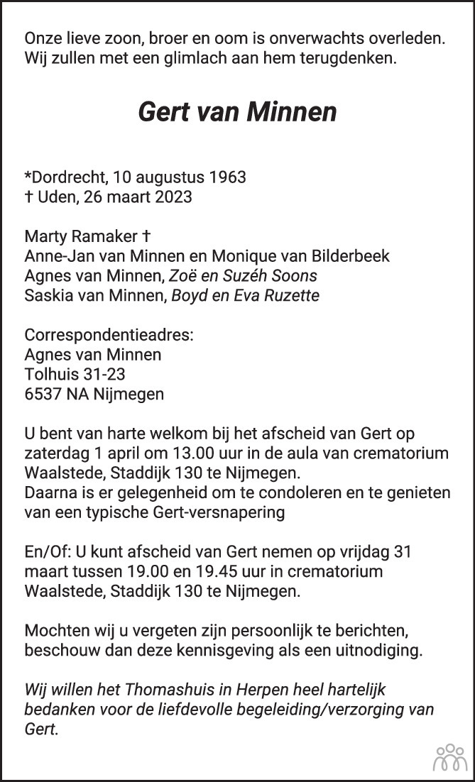 Gert van Minnen 26-03-2023 overlijdensbericht en condoleances ...