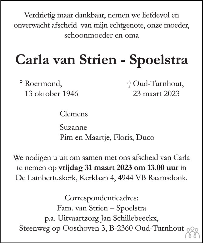 Carla van Strien-Spoelstra 23-03-2023 overlijdensbericht en ...