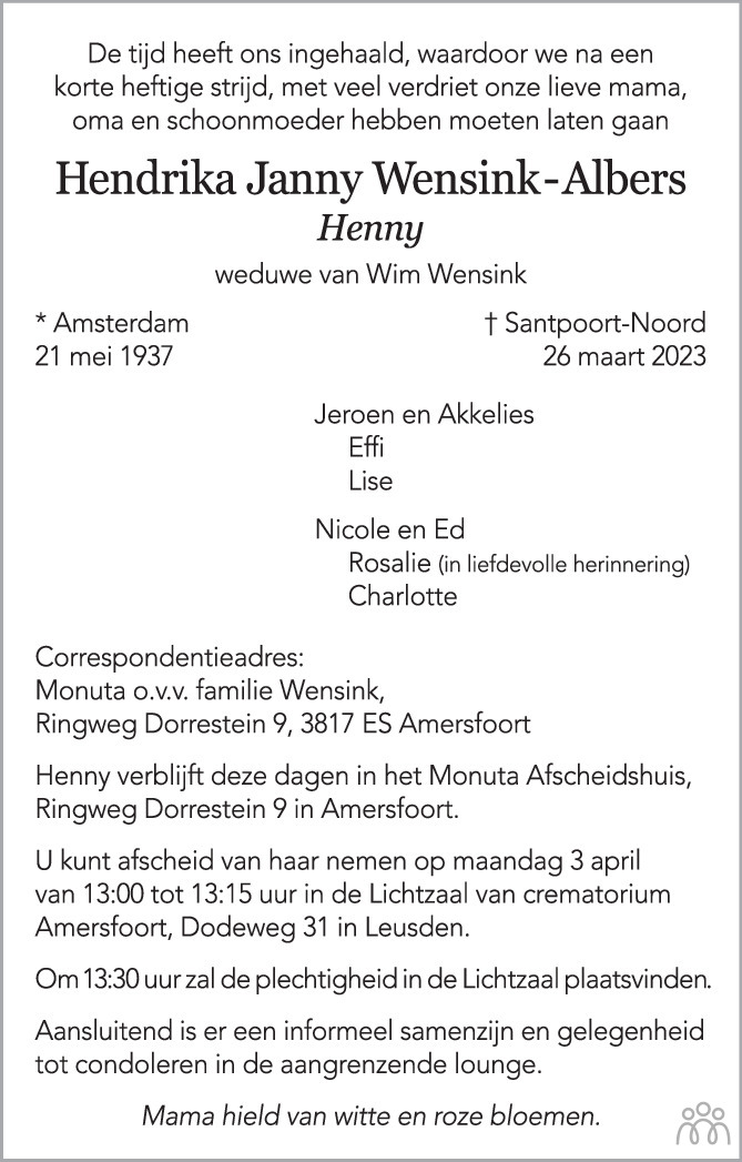 Hendrika Janny (Henny) Wensink-Albers 26-03-2023 overlijdensbericht en ...