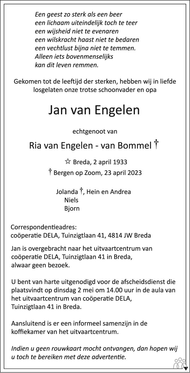 Jan van Engelen 23042023 overlijdensbericht en condoleances