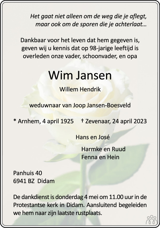 Overlijdensbericht van Wim (Willem Hendrik)  Jansen in de Gelderlander