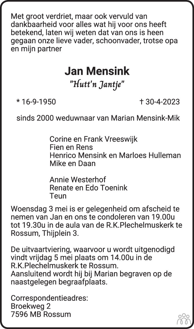 Jan Mensink Overlijdensbericht En Condoleances Mensenlinq Nl