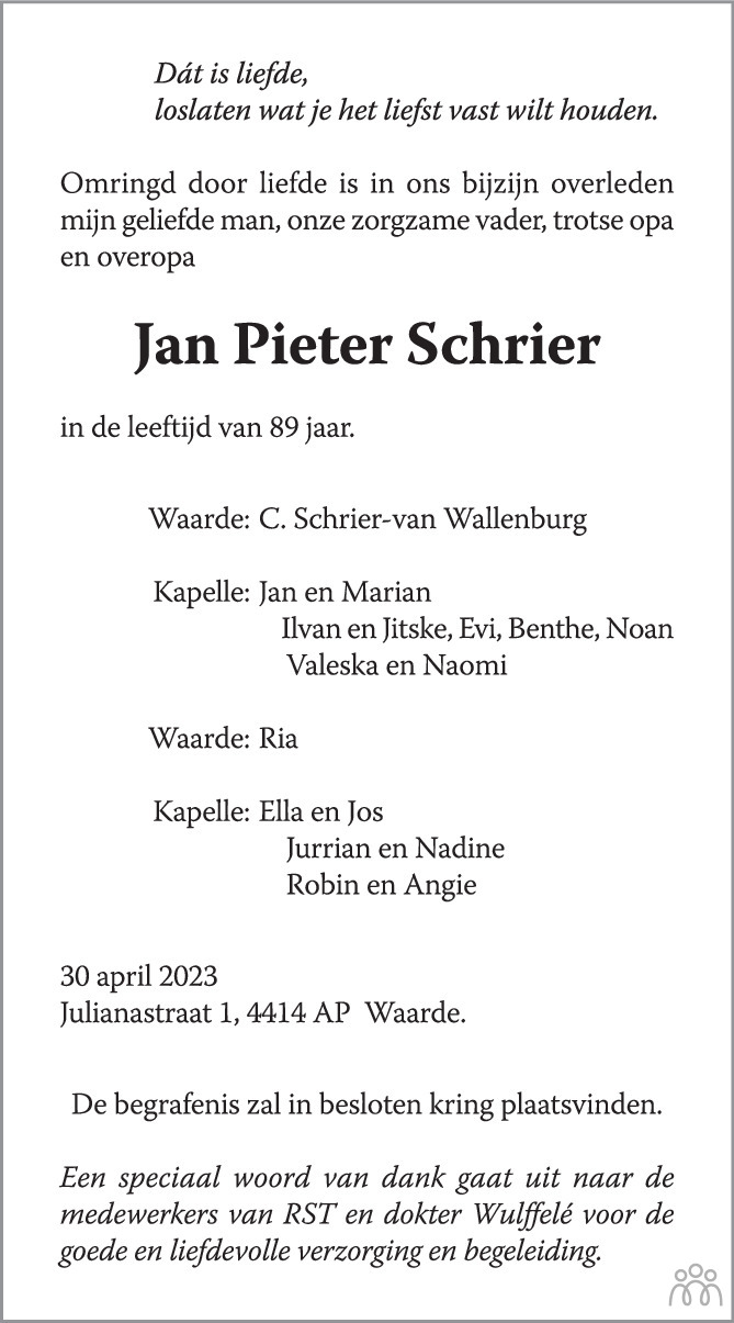 Jan Pieter Schrier 30042023 overlijdensbericht en condoleances
